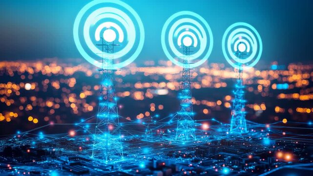 Three wireless transmission towers over glowing smart city network with digital data streams 5G communication infrastructure telecom technology internet connectivity and futuristic urban signal scene