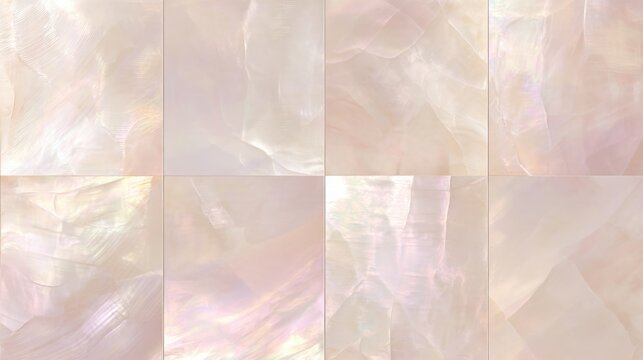 elegant abstract background of large pearlescent ceramic tiles with subtle iridescent reflections shifting between ivory, pale pink, champagne
