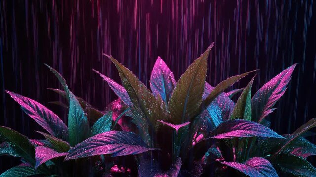 Lush Green Plants in Neon Light Rain, Abstract Moody Atmosphere