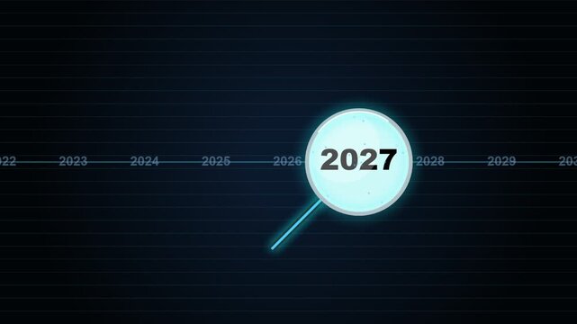 A Digital Magnifying Glass Moves Across A Horizontal Timeline Showcasing The Year 2027, Representing Strategic Corporate Planning And Financial Forecasting In A Modern Business Context.