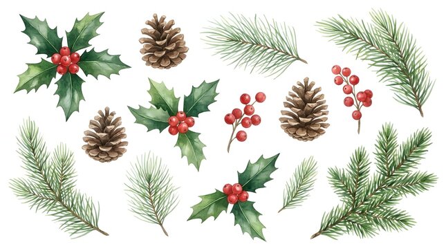 Watercolor christmas botanical elements including holly pinecones and evergreen branches on white background