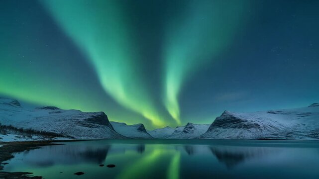 Aurora Borealis over Snowy Mountains and Reflecting Lake in Arctic Landscape