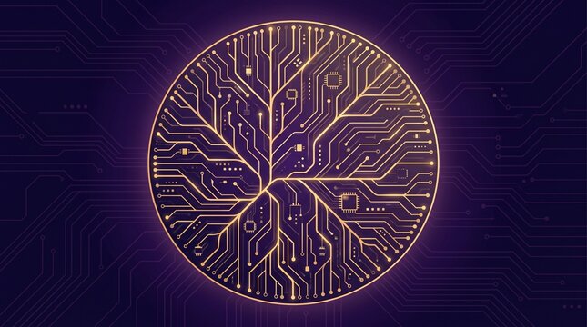 Abstract circular circuit board pattern with glowing red data lines on a dark blue background