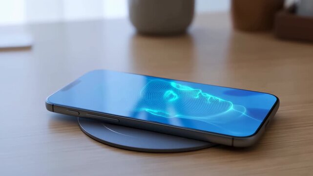Smartphone rests on round wireless charging pad on wooden desk while glowing blue digital wave shifts across glossy screen, framed by soft ambient light and blurred modern interior