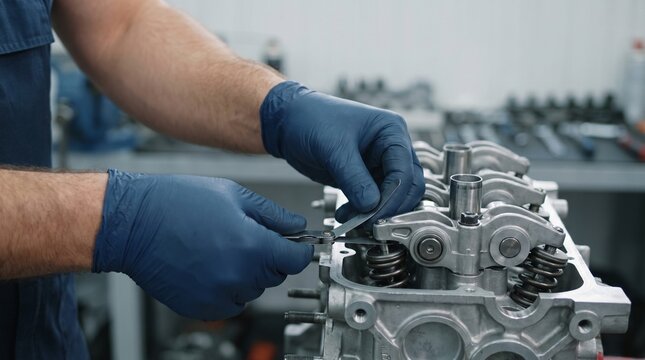 Professional auto mechanic in blue gloves inspecting and adjusting the timing chain of a car engine in a workshop