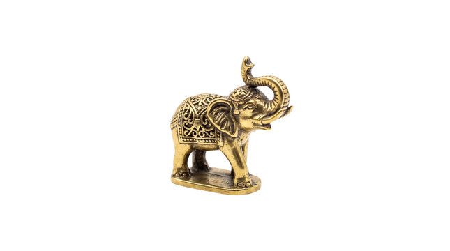 Vintage brass elephant figurine with trunk up, ornate golden brass elephant statue, antique feng shui metal elephant accent isolated PNG with Transparent Background
