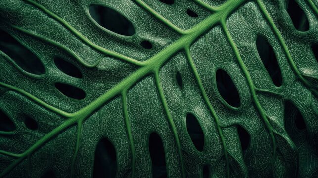extreme macro crop of a tropical monstera leaf, intricate network of raised veins and microscopic leaf cells, deep emerald green surface with subtle