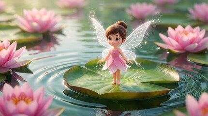 Obraz premium Tiny cartoon fairy with white wings stands on green lily pad in pond. Pink water lilies float on calm surface. Magical creature lives in fantasy garden with soft light. Dreamy nature scene with