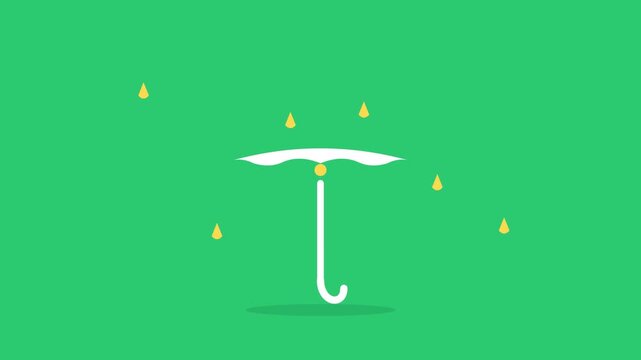 White umbrella protecting from falling rain drops on green. A minimalist flat vector illustration featuring a white umbrella shielding against falling yellow rain drops set against a vibrant solid gre