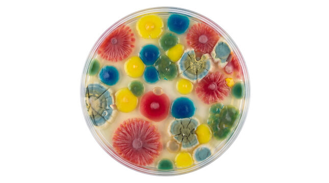 Colorful bacteria colonies growing on agar petri dish, colorful microbiology fungus culture sample, laboratory science research experiment isolated PNG with Transparent Background