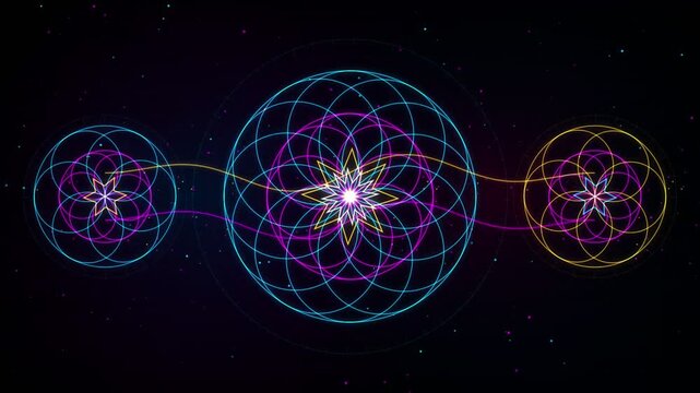 Abstract Cosmic Triptych Of Glowing Sacred Geometry Patterns Pulsating In A Seamless Digital Loop, Representing The Harmony Of Spiritual Connectivity And Universal Consciousness