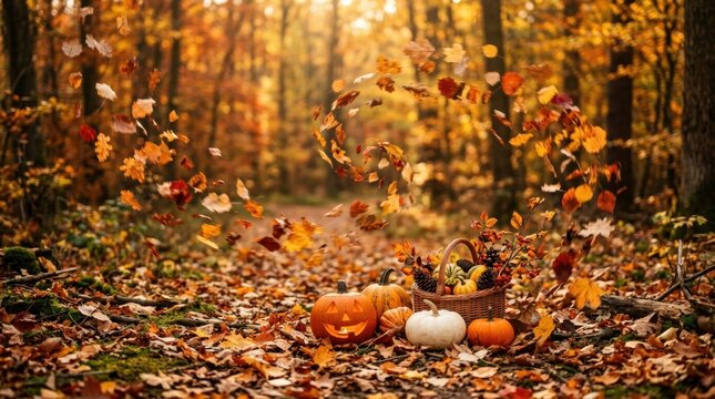 Autumn forest scene with pumpkins and falling leaves.