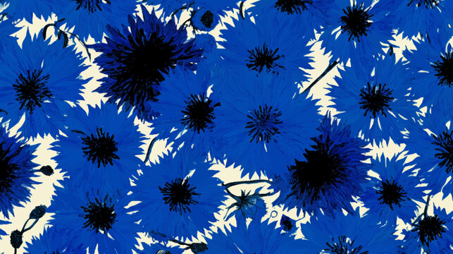 Dense Cobalt Blue Cornflowers with Dark Centers in Expressive Hand Painted Summer Wildflower Pattern on Cream Background