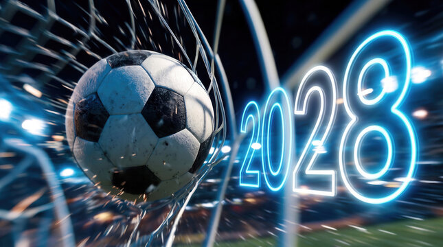 Soccer ball hitting goal net with glowing 2028 text