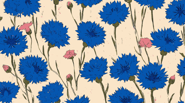 Tall Cobalt Blue Cornflowers and Buds Creating an Airy Hand Painted Wildflower Pattern on Warm Cream Background