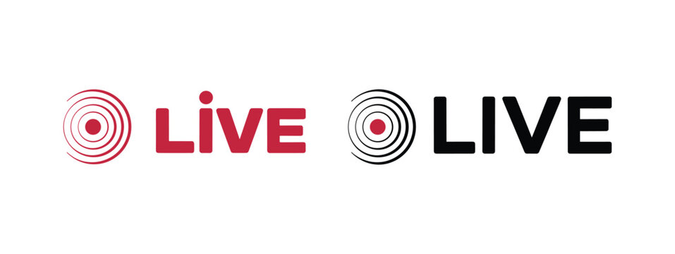 Two live broadcast featuring a red circle with concentric rings next to the word live in red and black text on white background
