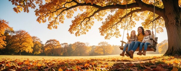 Naklejka na ściany i meble Happy mother, two young daughters ride wooden swing under big autumn tree. Smiling family enjoys leisure time in public park. Girls laugh swinging on playground equipment during sunny fall season in