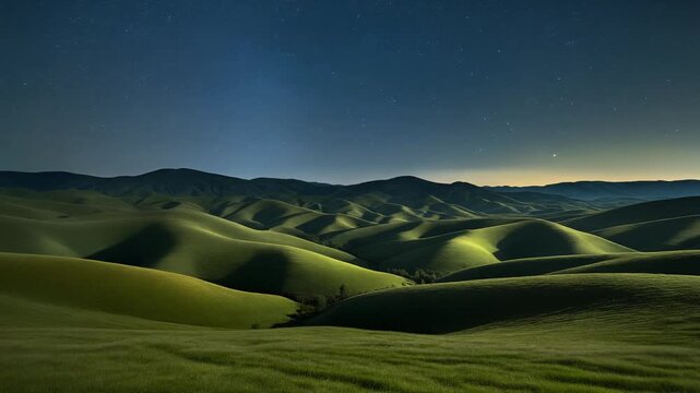 Rolling Green Hills Under Starry Night Sky, Moonlit Landscape