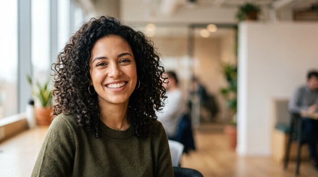 Close up headshot portrait of smiling young Hispanic woman with curly hair in office, cheerful candid moment, banner with copy space