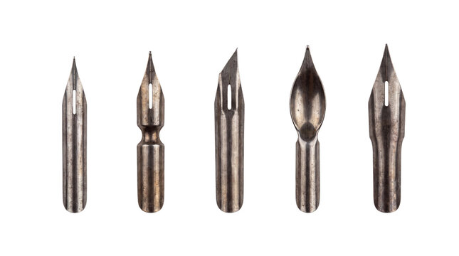 Vintage calligraphy pen nibs set, metal fountain dip pen tips, antique writing tools for lettering isolated PNG with Transparent Background