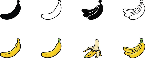 Obraz premium Collection of banana icon vector set illustration. Solid, outline and flat graphic design.