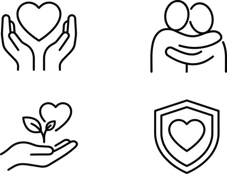 Charity care and support line art icon set featuring hugging people hands holding heart and protective shield