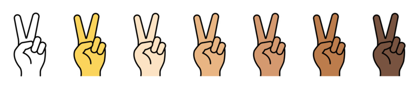 Peace sign hand icons in different skin tones for apps, posters, social media, websites, and inclusive graphic design.