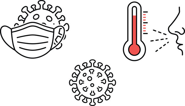 Coronavirus line art icon set featuring medical face mask high temperature thermometer and sneezing nose symptoms isolated