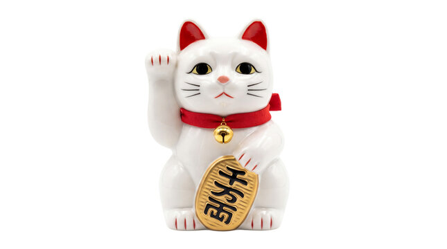 Traditional Japanese Maneki Neko beckoning cat figurine, white ceramic lucky cat statue with gold koban coin, Asian culture wealth symbol isolated PNG with Transparent Background