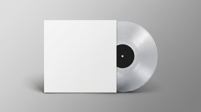Clear transparent vinyl record with blank white cardboard sleeve cover packaging mockup