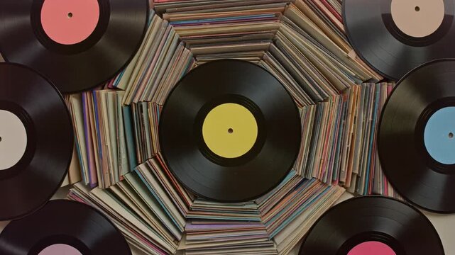 Vintage Vinyl Records Collection Stacked Hexagonally with Center Disc