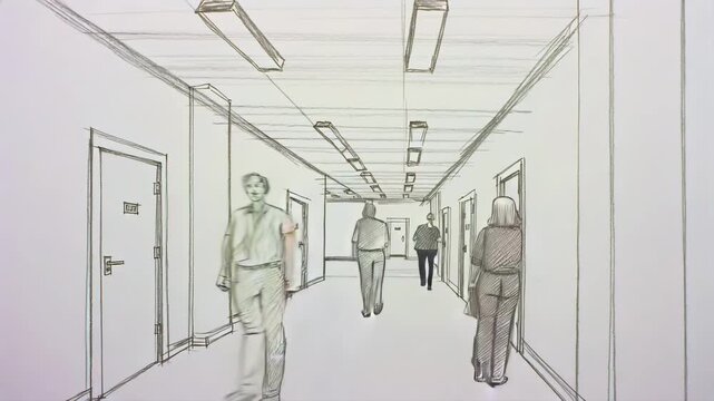 Animated hallway sketch draws walking figures and corridor lines, institutional interior planning, whiteboard animation, architecture illustration, process journey, and hand-drawn explainer use.
