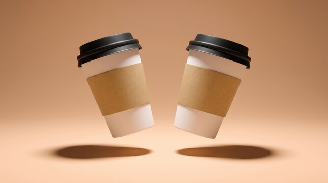 Two floating paper coffee cups mockup with kraft sleeves and black lids on beige backdrop