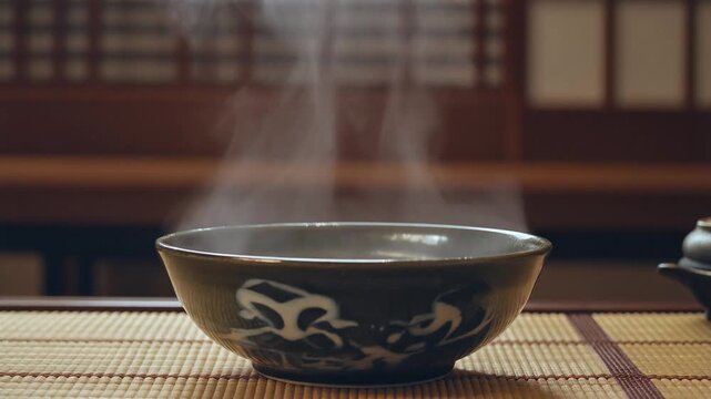 Steaming Hot Tea Bowl in Traditional Japanese Setting