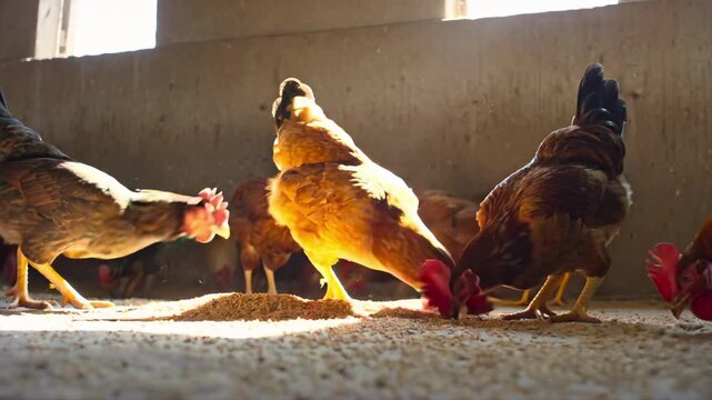 Chickens feeding low angle inside poultry house, supporting egg production, animal agriculture, farm operations, flock management, biosecurity training, livestock welfare, and food supply chain media.