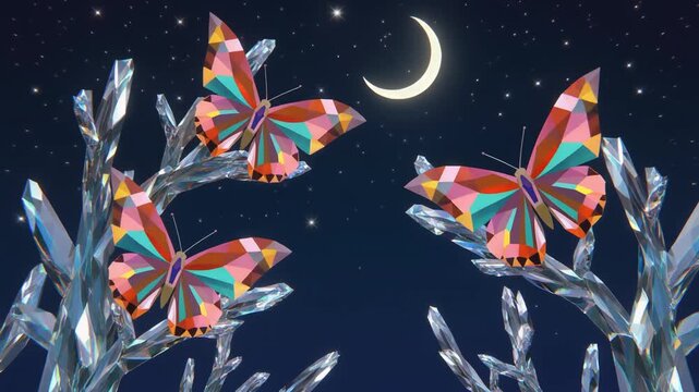Colorful Geometric Butterflies on Crystal Branches Under Crescent Moon Sky