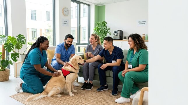 Diverse medical team taking a break with a therapy dog in a bright hospital staff lounge area