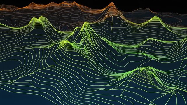 Abstract 3D Topographic Map of Mountains with Neon Contour Lines