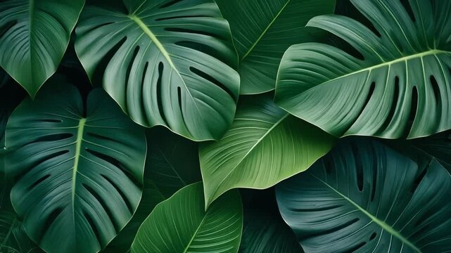 Monstera Tropical Leaves Background, Lush Green Jungle Foliage, Exotic Plant Pattern