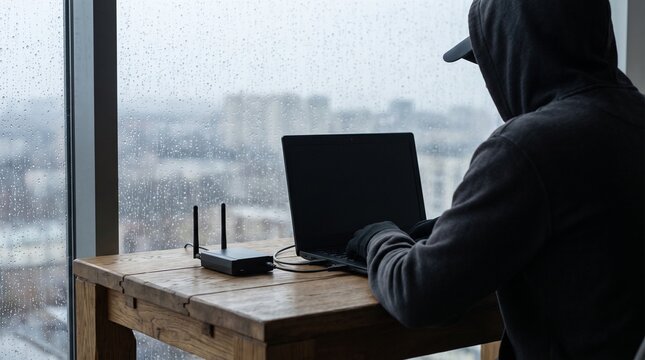 Anonymous Hacker in Hoodie Operating Laptop with External Antenna by Rainy Window for Wi-Fi Interception Concept