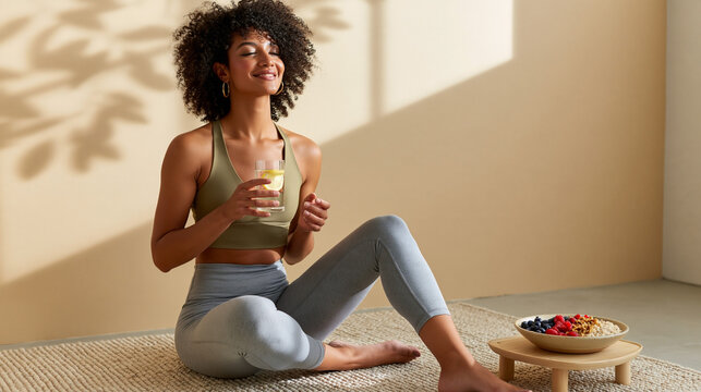 Smiling woman in workout clothing holding a drink while seated on a rug beside a bowl of fruit in a sunlit minimalist room interior