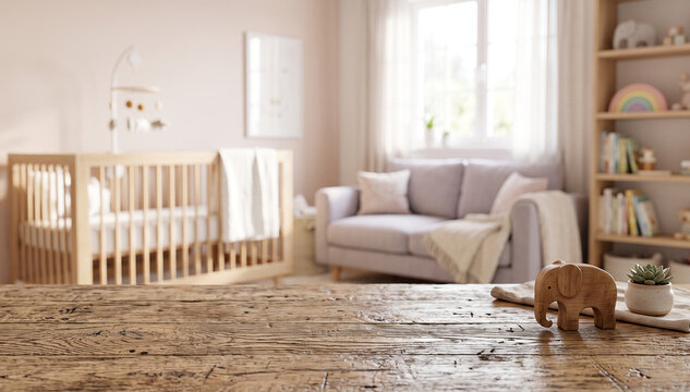 Empty wooden tabletop with blurred baby bedroom nursery background with crib

