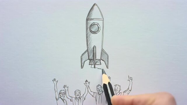 Hand draws rocket launch sketch on whiteboard, startup growth animation, business ambition, product launch, fundraising pitch, innovation planning, and pencil illustration for explainer videos.