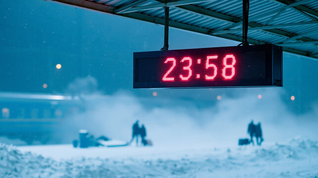 Digital clock displaying 23:58 above a snowy outdoor landscape with blurred figures, falling snow, blue evening light, and covered shelter structure