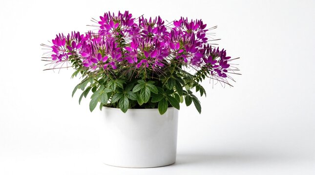 Purple cleome flowers grow in white ceramic pot. Bright magenta blossoms with long stamens sit in minimalist planter. Beautiful houseplant decor for modern home interior botanical garden design.