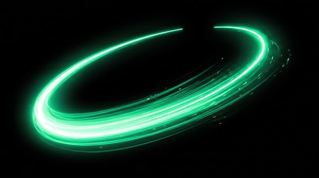 Bright green light streak moving in a circle shape on a dark black background