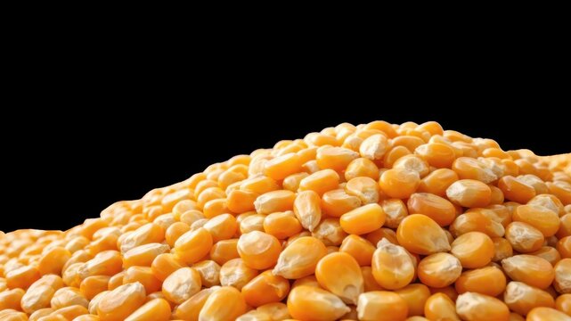 Heap of raw yellow corn kernels for agriculture harvest production and the food processing industry