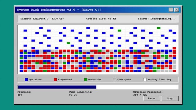 Retro disk defragmentation interface showing system progress