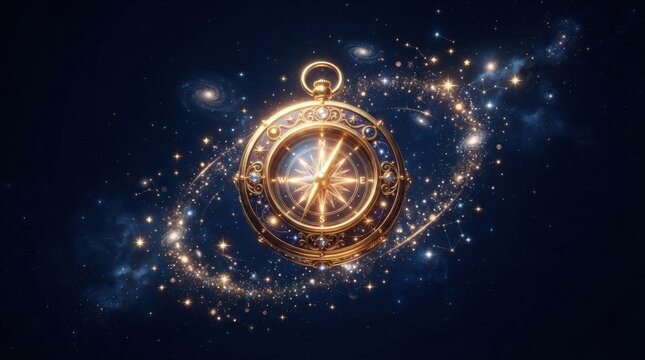 An Ornate Golden Compass Floating Amidst A Swirling Galaxy Of Radiant Stars