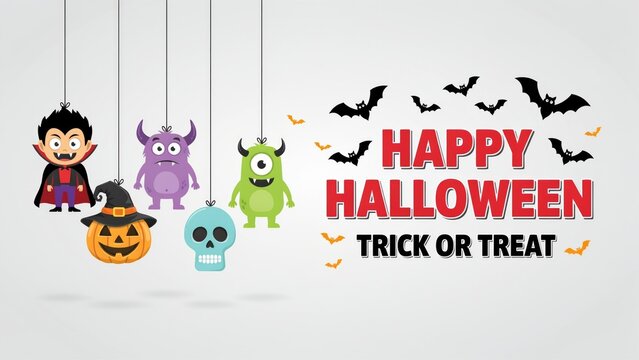Happy halloween trick or treat greeting with hanging cartoon vampire, monster, jack-o'-lantern, skull, and flying black bats on grey background
